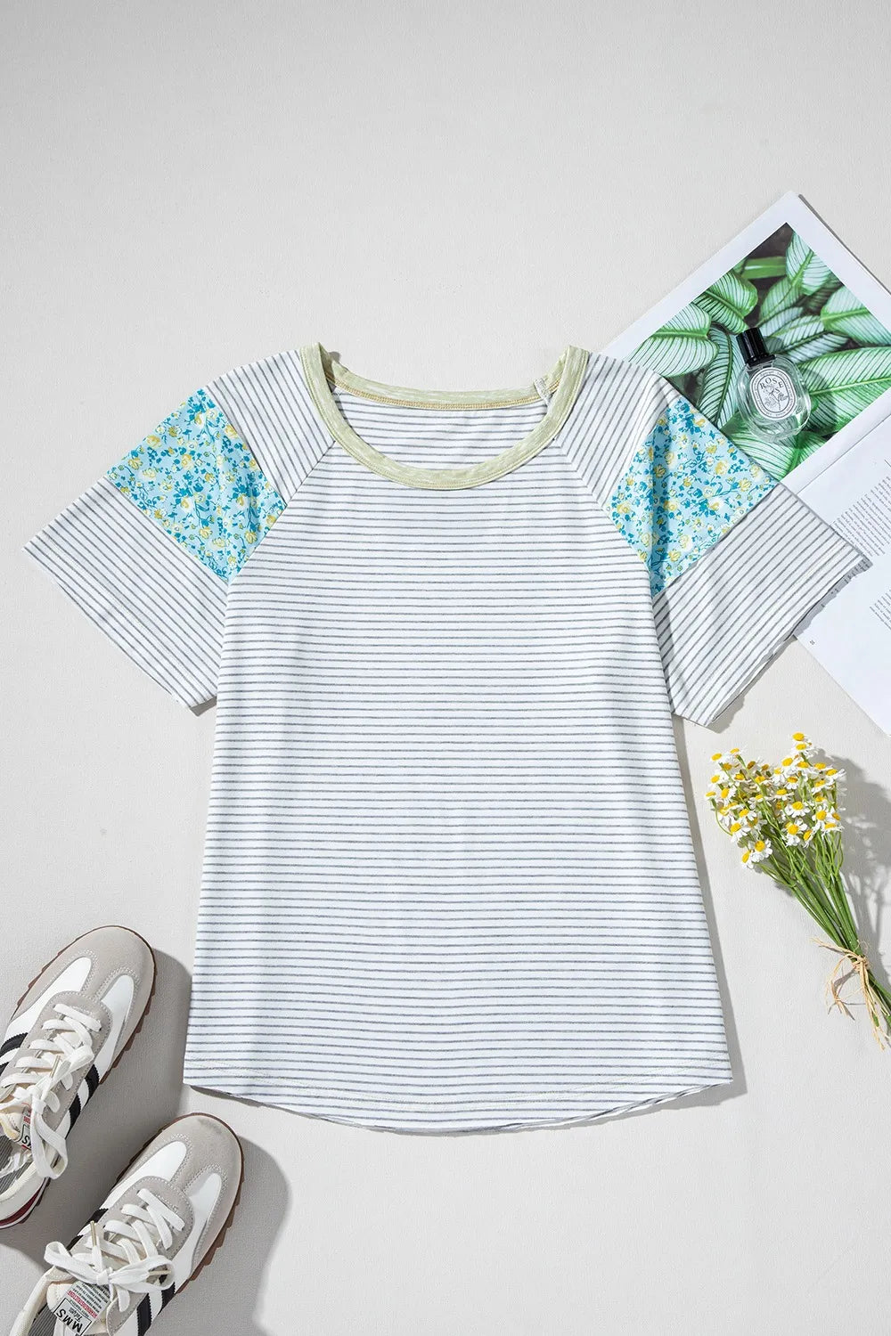 Stripe Floral Insert Sleeves Contrast Round Neck Tee