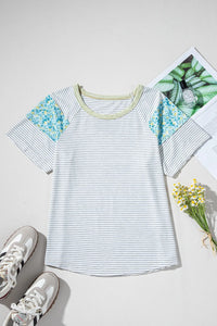 Stripe Floral Insert Sleeves Contrast Round Neck Tee