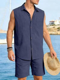 Men's Full Size Button Up Sleeveless Top and Shorts Plus Size 100400363418053 40 Men's Sets Jerry's Apparel 