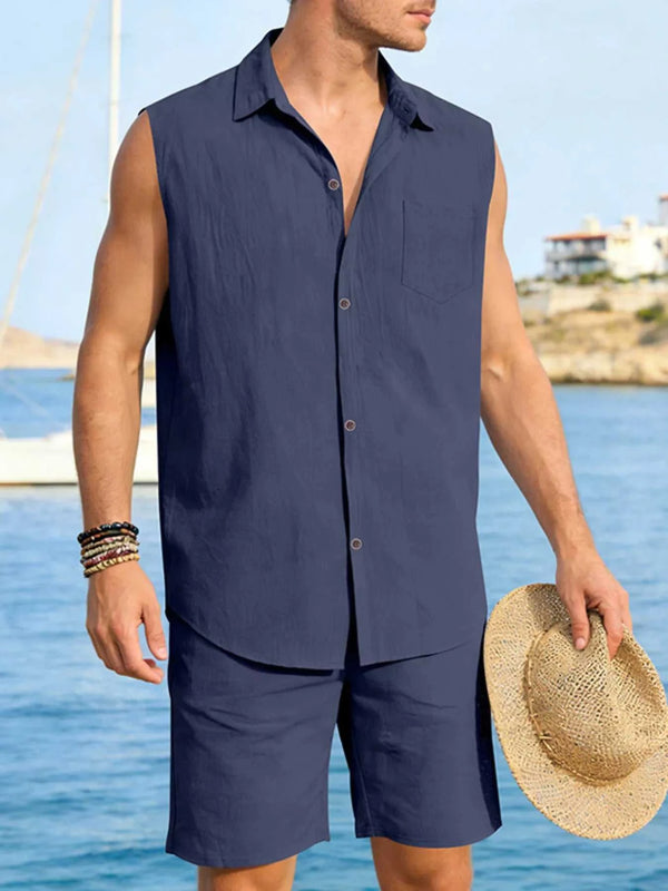 Men's Full Size Button Up Sleeveless Top and Shorts Plus Size 100400363418053 40 Men's Sets Jerry's Apparel 