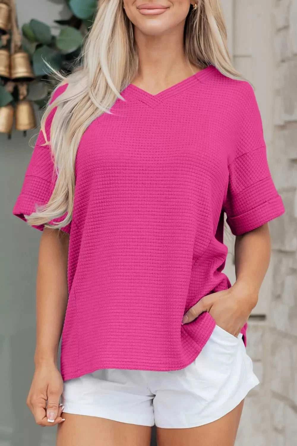 Textured Waffle Knit V-Neck T-Shirt 100100332511740 29 Affordable Fashion Under $100 Jerry's Apparel 