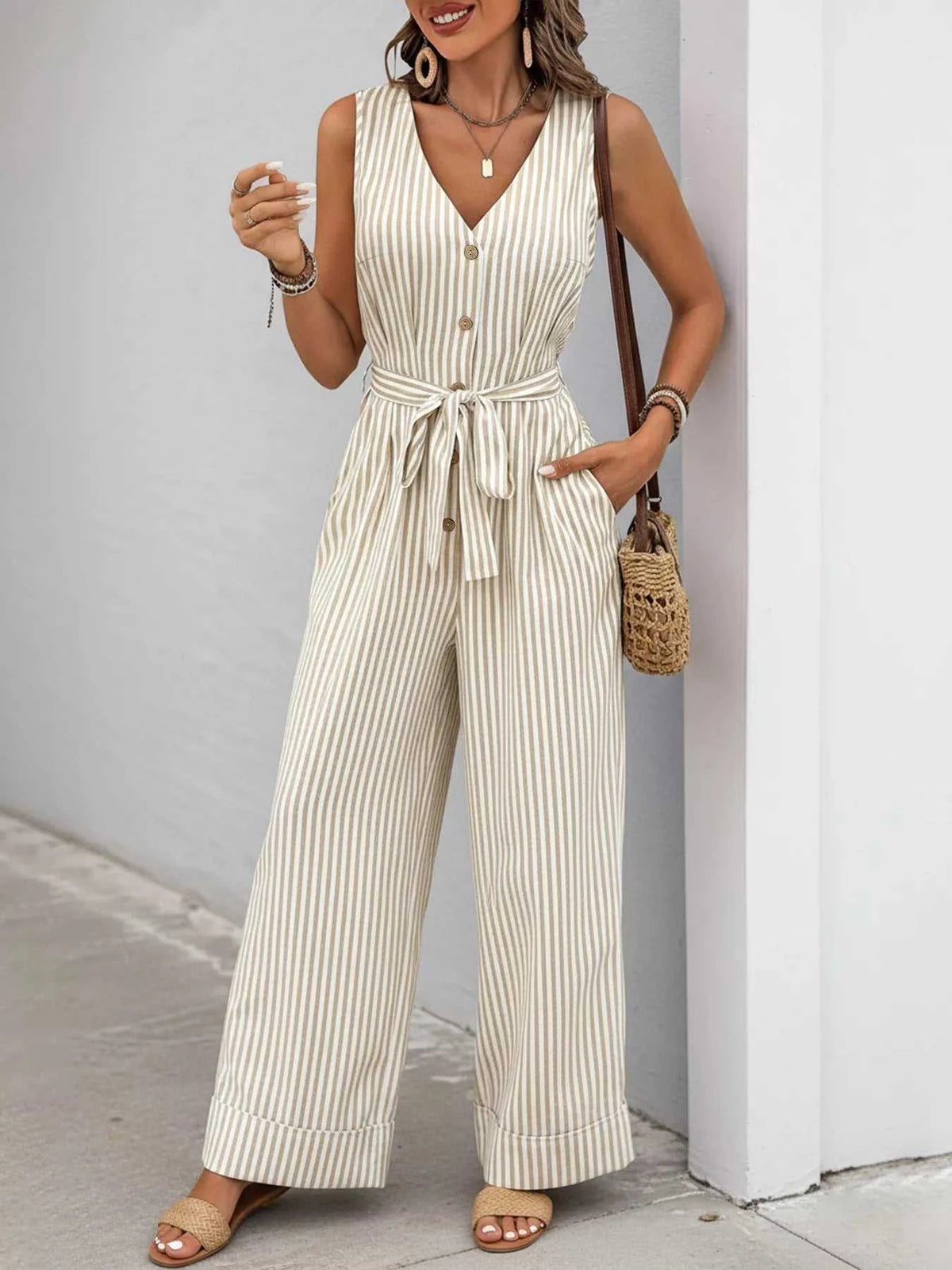 Striped Button-Front Wide Leg Jumpsuit 100100799181861 44 Affordable Fashion Under $100 Jerry's Apparel 