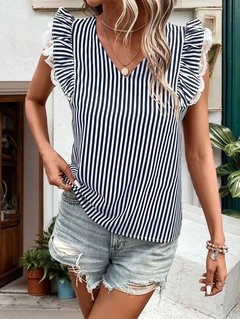 Perfee Lace Detail Ruffled Striped V-Neck Cap Sleeve Blouse 100100704281779 27 Affordable Fashion Under $100 Jerry's Apparel 
