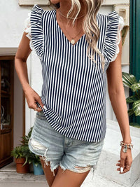 Perfee Lace Detail Ruffled Striped V-Neck Cap Sleeve Blouse 100100704281779 27 Affordable Fashion Under $100 Jerry's Apparel 