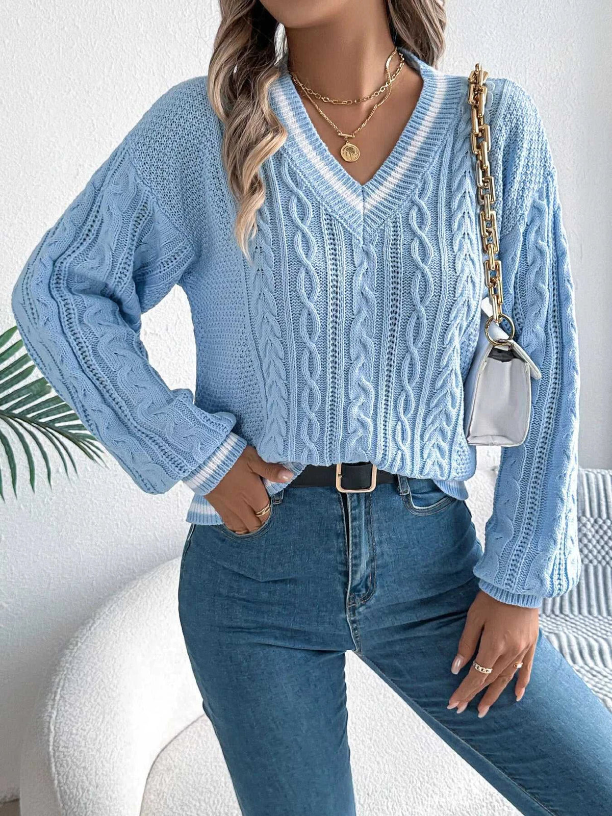 V-Neck Cable Knit Sweater with Striped Trim 101002502315459 35 Affordable Fashion Under $100 Jerry's Apparel 
