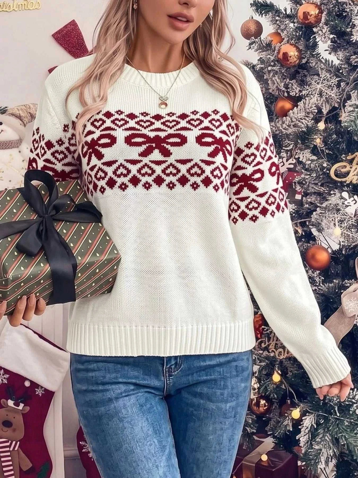 Bow Pattern Long Sleeve Christmas Sweater 101002024148345 51 Affordable Fashion Under $100 Jerry's Apparel 
