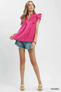 Umgee Textured Ruffle Sleeve Split V Neck Top 100100701051580 51 Affordable Fashion Under $100 Jerry's Apparel 