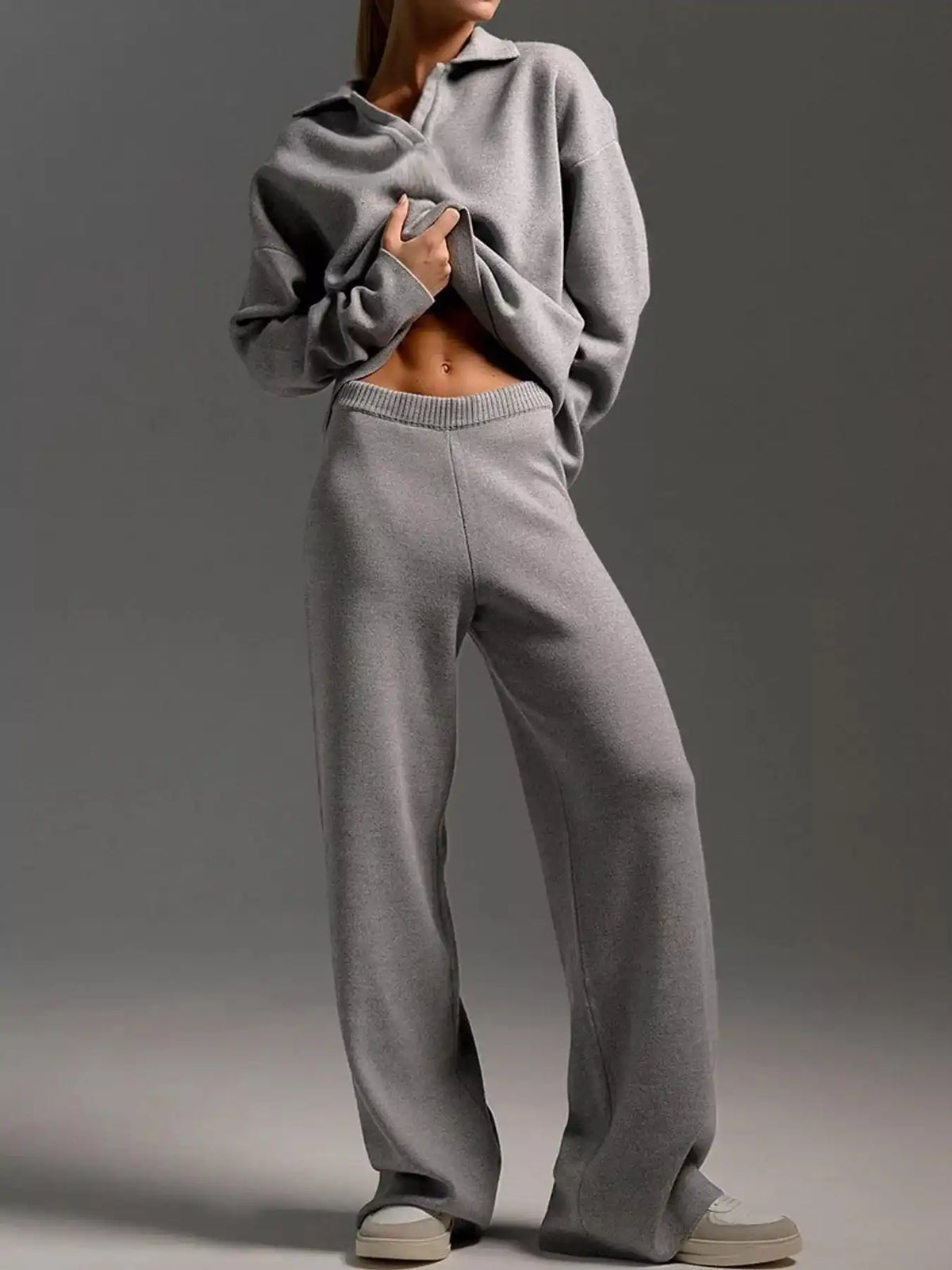 Polo Collar Top and Wide-Leg Pants Set 101001876960393 74 Affordable Fashion Under $100 Jerry's Apparel 