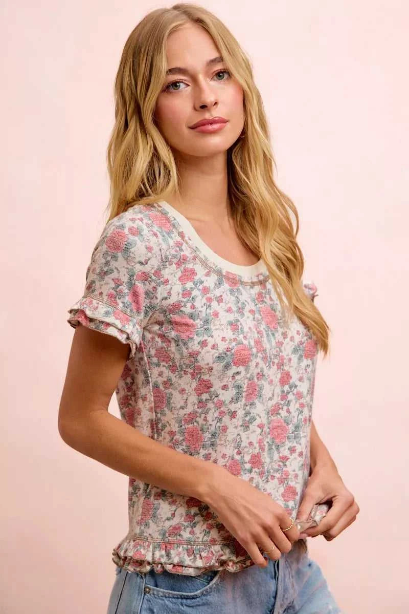 BiBi Rose Printed Slub Knit Ruffled Sleeves Top 100100307291292 38 Affordable Fashion Under $100 Jerry's Apparel 