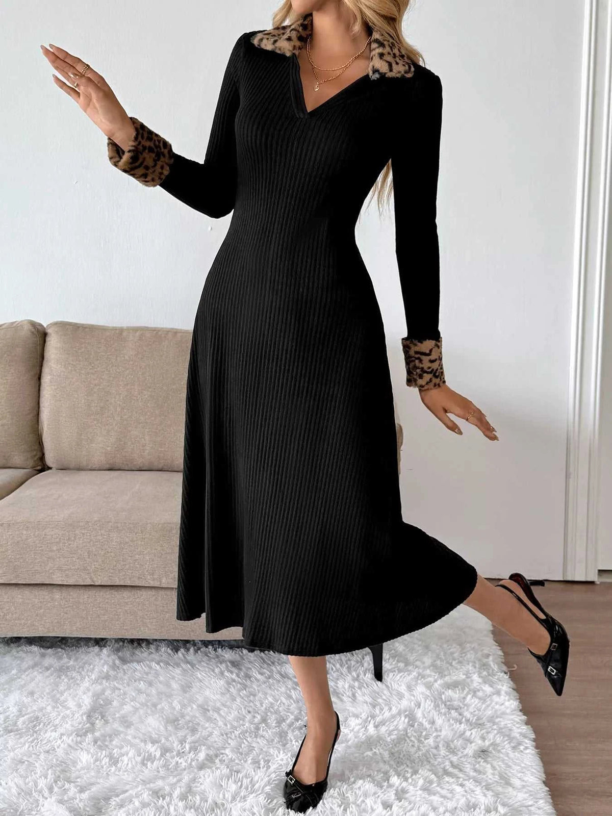 Leopard Cuff Johnny Collar Midi Dress 100100468424761 47 Affordable Fashion Under $100 Jerry's Apparel 
