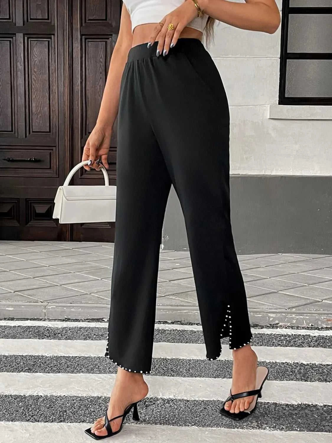 Pearl-Embellished Cropped Wide-Leg Pants 100100730581749 34 Affordable Fashion Under $100 Jerry's Apparel 