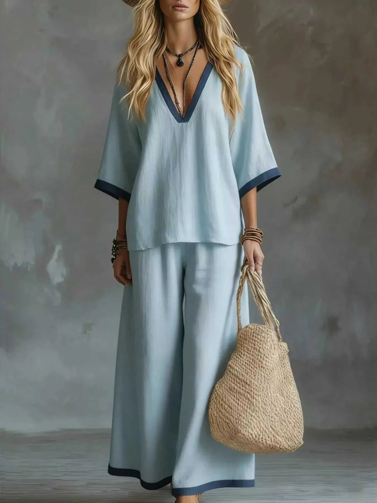 Full Size Contrast Trim V-Neck Top and Pants Set Plus Size 101001935032552 40 Affordable Fashion Under $100 Jerry's Apparel 