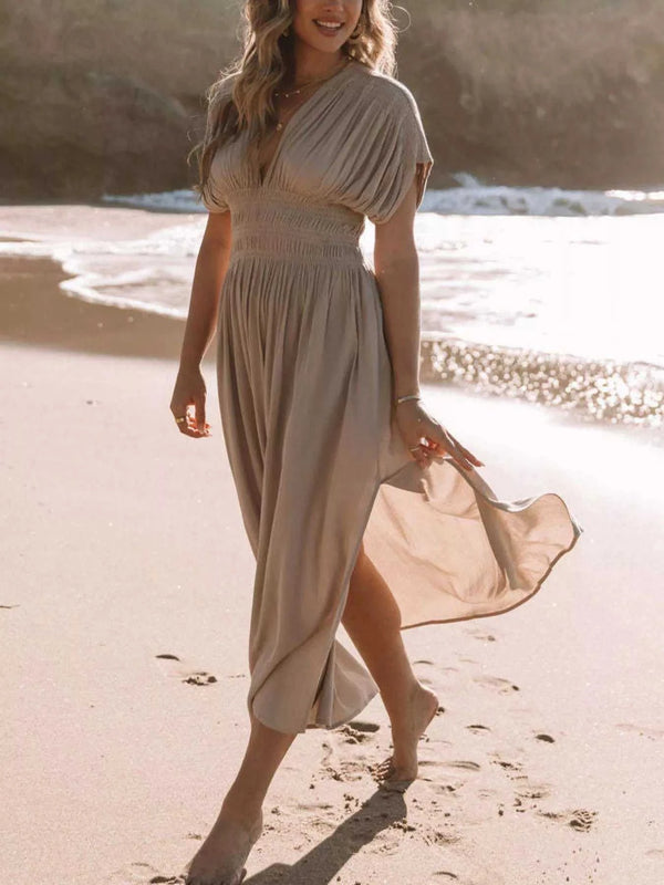 Full Size Slit V-Neck Smocked Waist Maxi Dress Plus Size 100100000480005 59 Gifts for Her Jerry's Apparel 