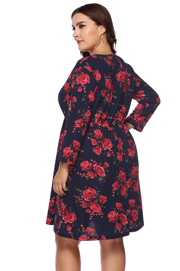 Plus Size Floral Print Half Zip Up Dress