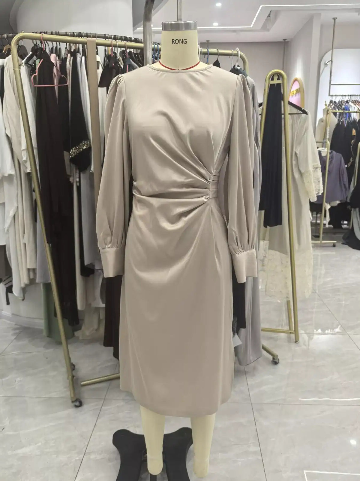 Long Sleeve Satin Ruched Midi Dress 101001413445997 63 Affordable Fashion Under $100 Jerry's Apparel 