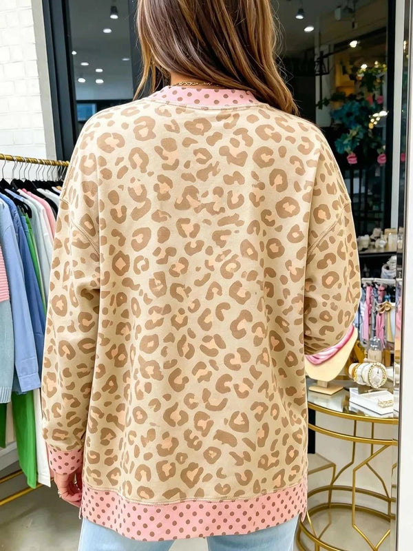 Side Slit Leopard Sweatshirt with Polka Dot Trim 101001649980045 52 Affordable Fashion Under $100 Jerry's Apparel 