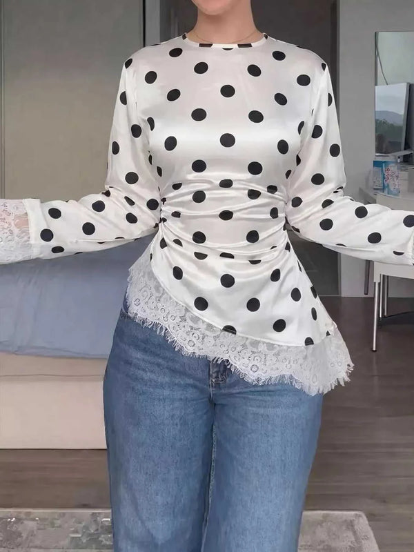Polka Dot Satin Top with Lace Trim 100100709329500 60 Affordable Fashion Under $100 Jerry's Apparel 