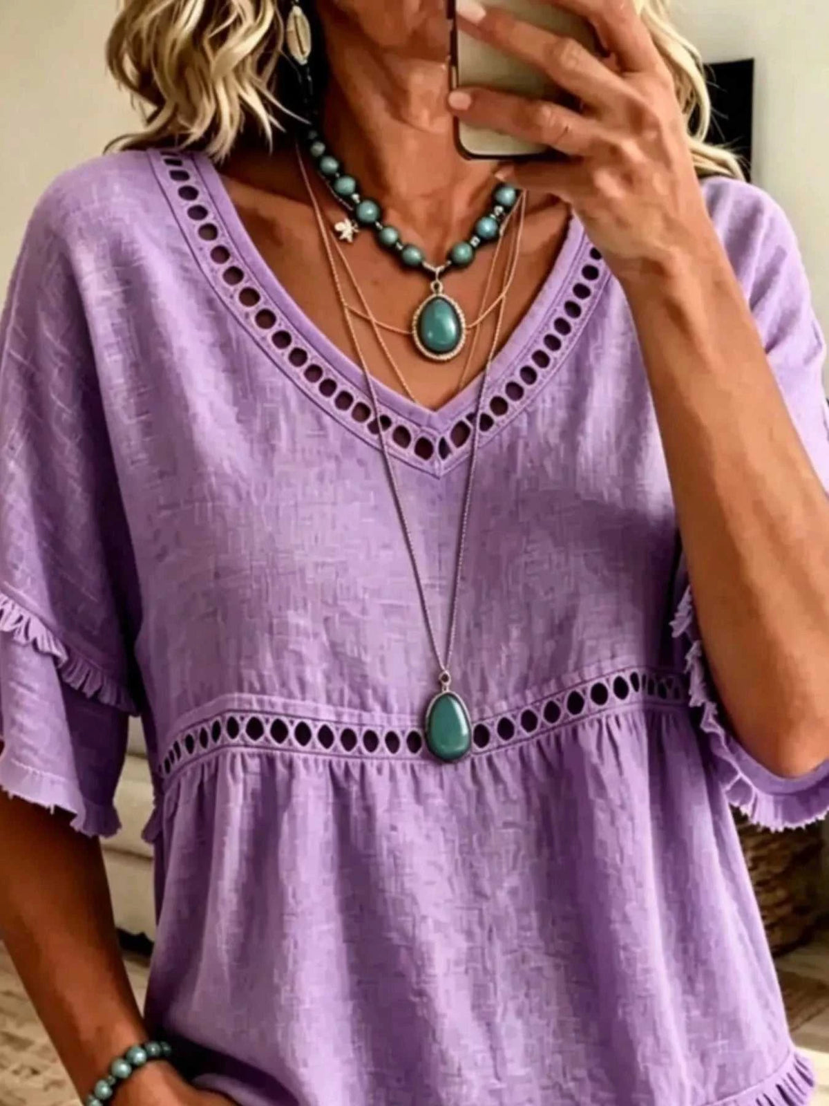 Eyelet V-Neck Frayed Edge T-Shirt 101001102955340 33 Affordable Fashion Under $100 Jerry's Apparel 
