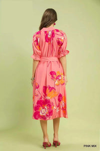 Umgee Floral Flounce Sleeve Midi Dress with Belted 100100356091904 66 Affordable Fashion Under $100 Jerry's Apparel 