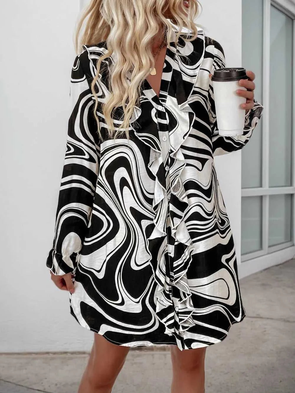 Perfee Ruffled Printed V-Neck Long Sleeve Dress 100100605481696 36 Gifts for Her Jerry's Apparel 