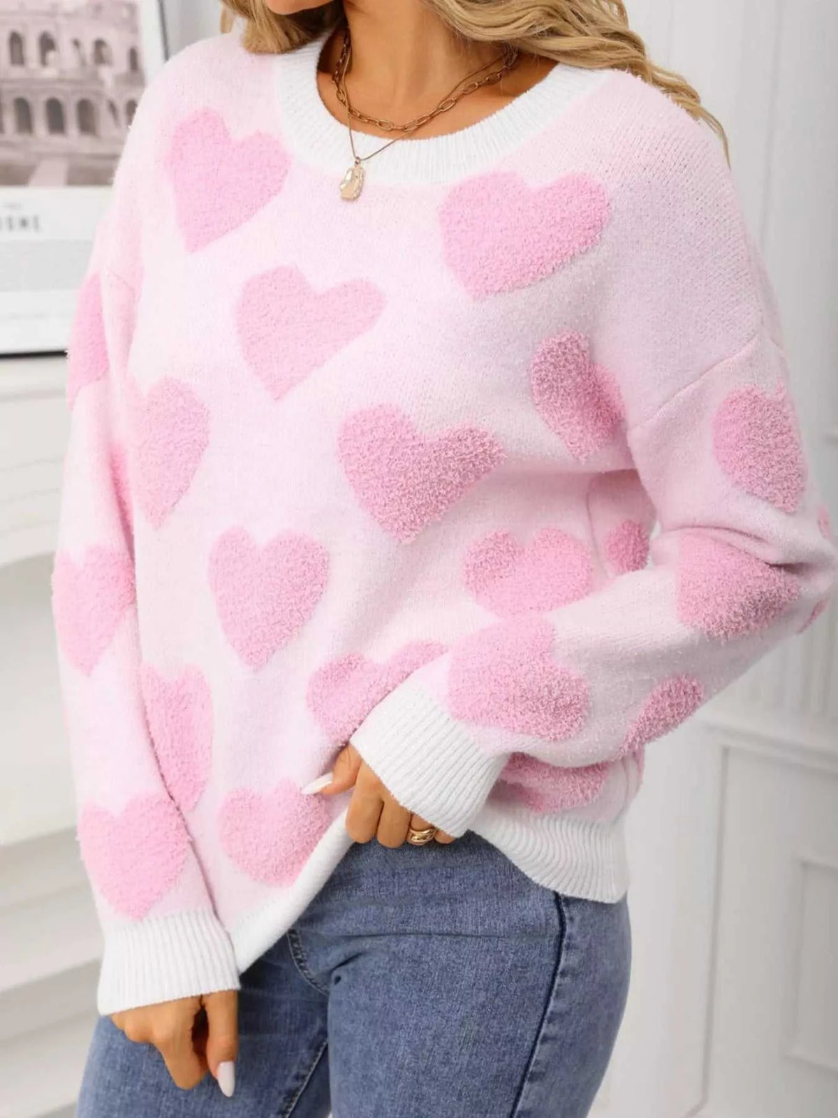 Valentine's Day Heart Pattern Round Neck Sweater 100100539364002 49 Affordable Fashion Under $100 Jerry's Apparel 