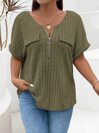 Plus Size Ribbed Half Zip Relaxed Fit T-Shirt