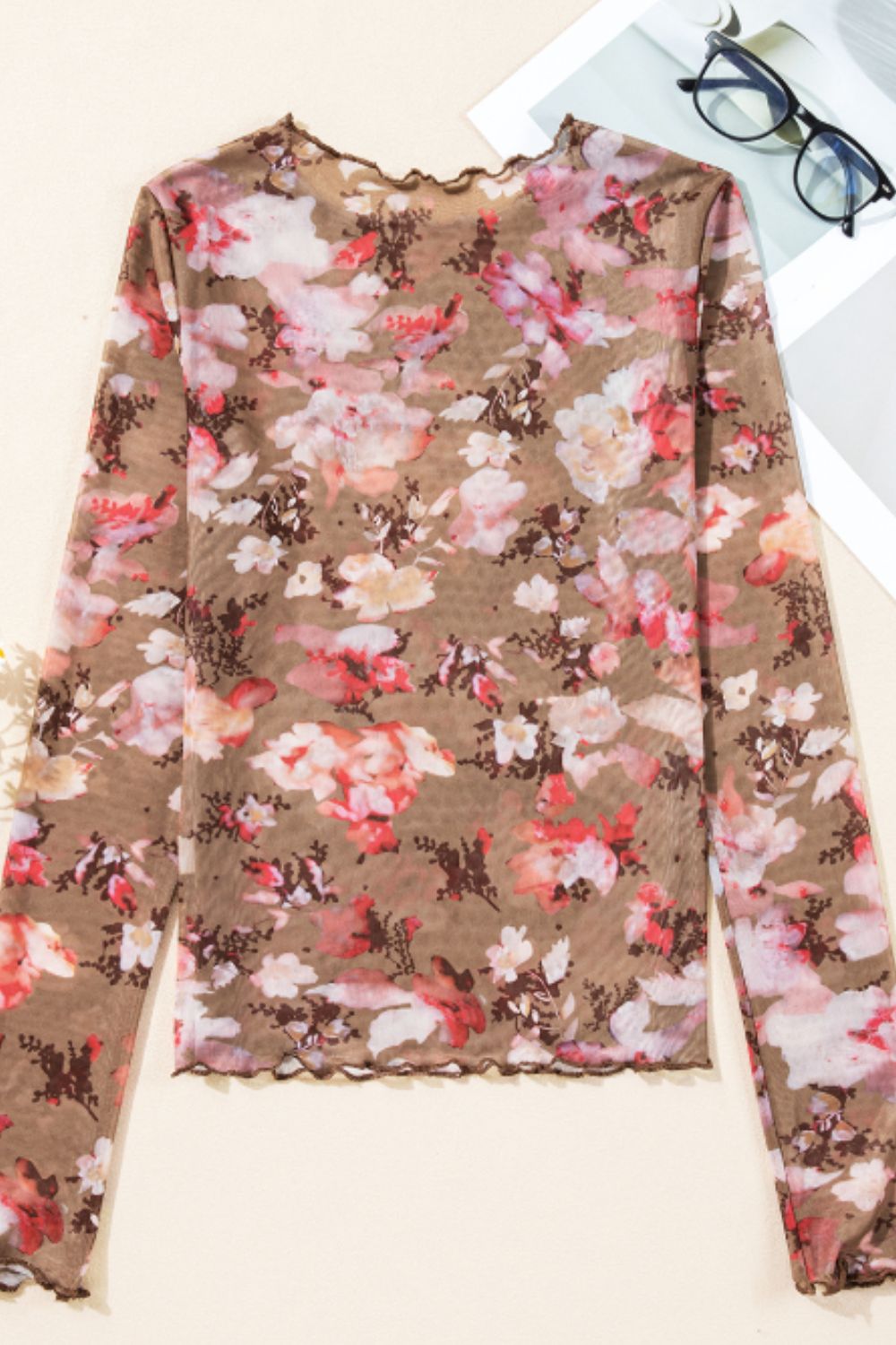 Floral Mock Neck Long Sleeve Sheer Top