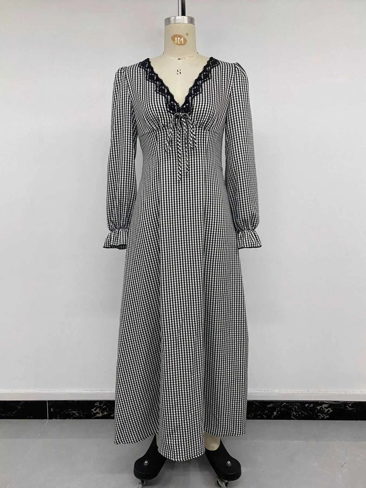 Gingham Lace-Trim V-Neck Long Sleeve A-Line Maxi Dress 101001996406806 52 Affordable Fashion Under $100 Jerry's Apparel 