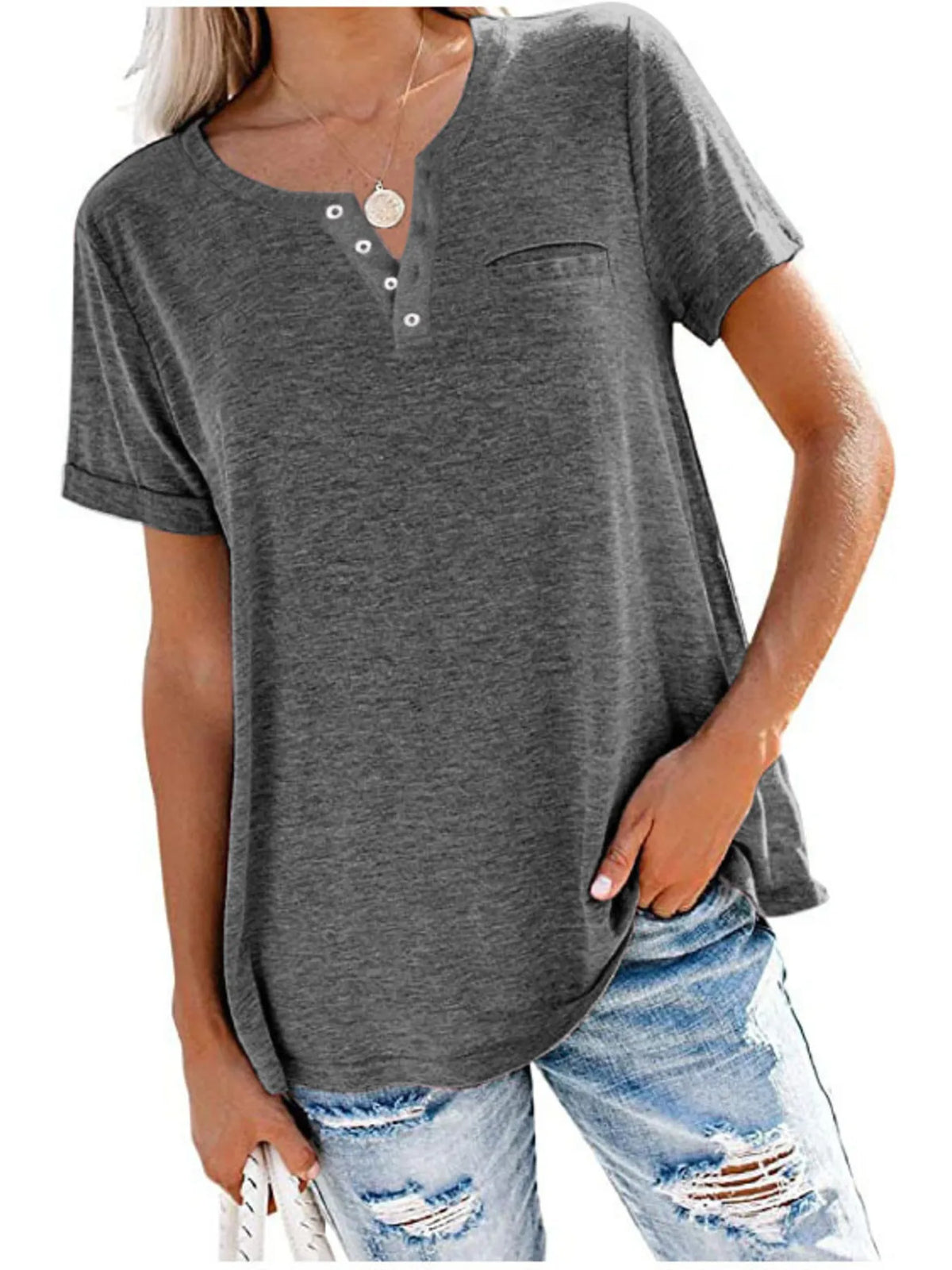 Full Size Notched Short Sleeve T-Shirt Plus Size