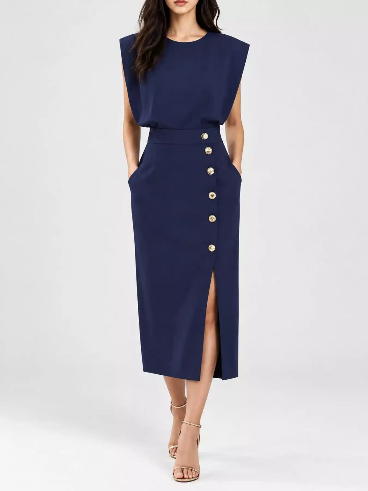 Sleeveless Midi Dress with Gold Button Detail and Side Slit 101001590890082 42 Affordable Fashion Under $100 Jerry's Apparel 