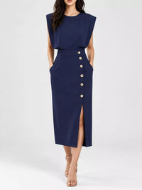 Sleeveless Midi Dress with Gold Button Detail and Side Slit 101001590890082 42 Affordable Fashion Under $100 Jerry's Apparel 