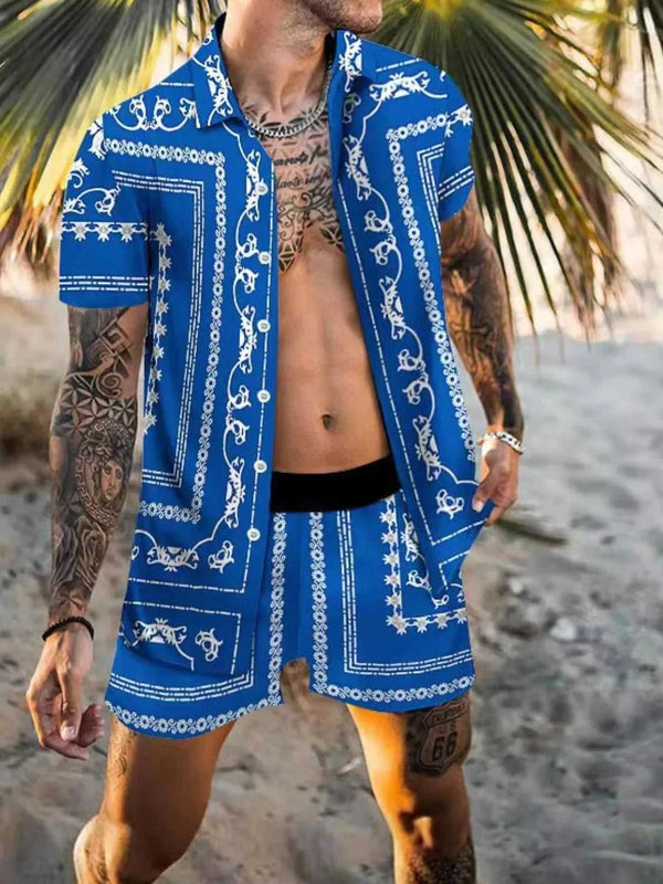 Men's Full Size Printed Collared Neck Short Sleeve Top and Shorts Set Plus Size
