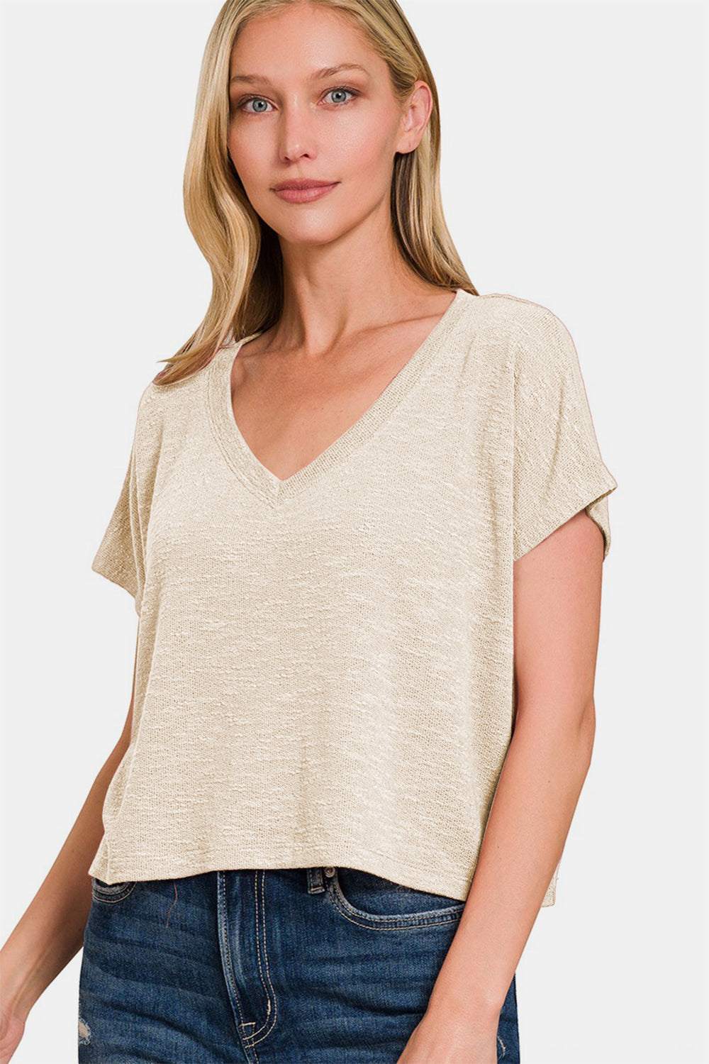 V-Neck Short Sleeve Crop T-Shirt