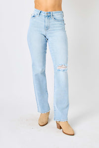 Full Size High Waist Distressed Straight Jeans