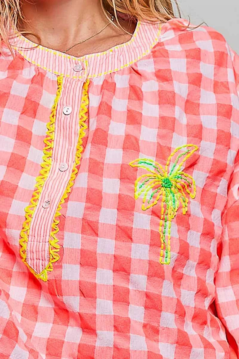 POL Gingham Embroidered Palm Tree Blouse 100100495991643 50 Affordable Fashion Under $100 Jerry's Apparel 
