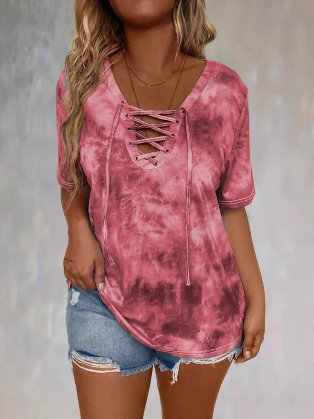 Tie Dye Lace-Up V-Neck Casual T-Shirt