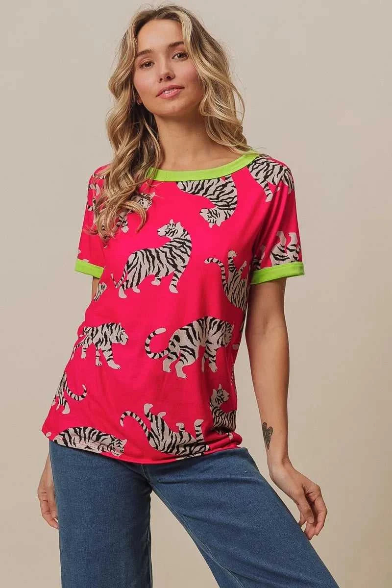 BiBi Big Tiger Print Jersey Contrast Ringer Top 100100215151725 27 Affordable Fashion Under $100 Jerry's Apparel 