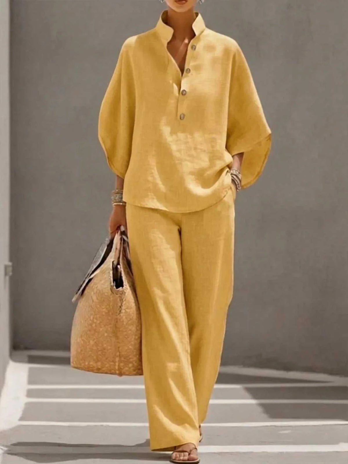 Full Size Button Detail 3/4 Sleeve Top and Pants Set Plus Size 100100971356241 54 Affordable Fashion Under $100 Jerry's Apparel 
