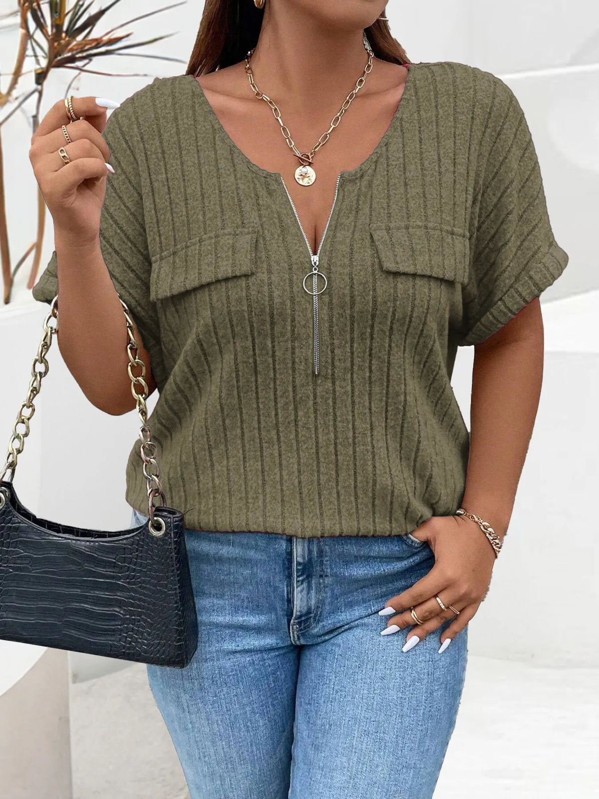 Plus Size Ribbed Half Zip Relaxed Fit T-Shirt