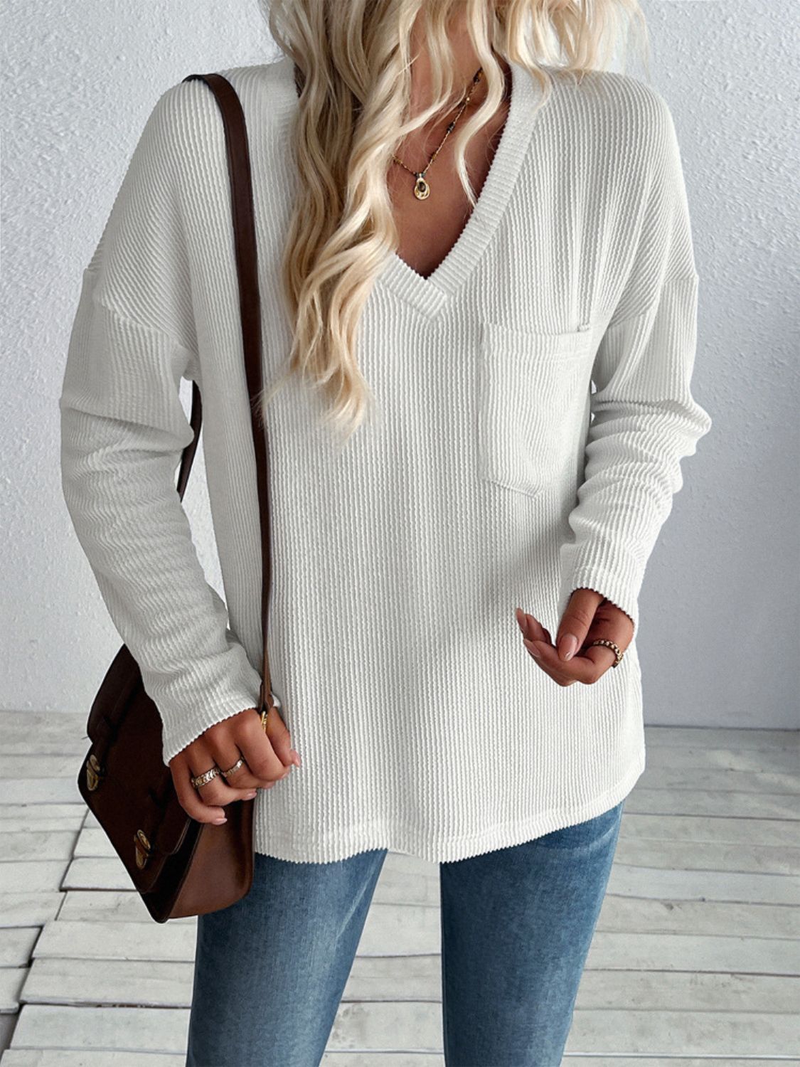 Double Take Pocketed Textured V-Neck Long Sleeve T-Shirt