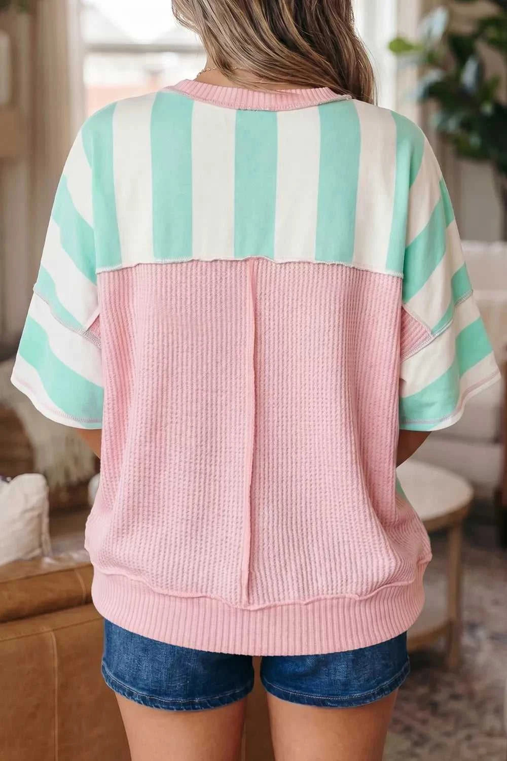 Stripe Exposed Seam Ribbed Patchwork Oversized Tee 100100861137572 24 Affordable Fashion Under $100 Jerry's Apparel 