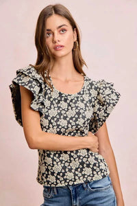 BiBi Floral Jacquard Ruffle Sleeves Knit Top 100100264791752 46 Affordable Fashion Under $100 Jerry's Apparel 