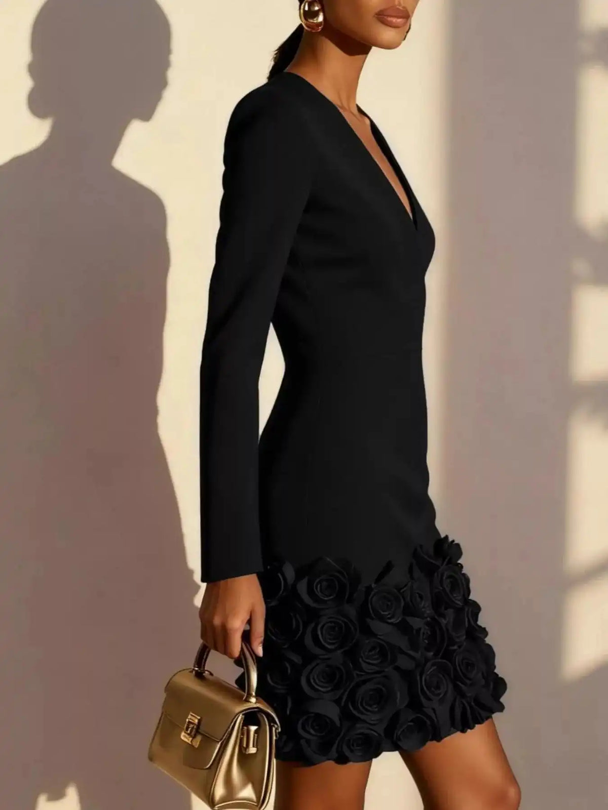 V-Neck Long Sleeve Mini Dress with 3D Rose Floral Hem 101001375780495 54 Affordable Fashion Under $100 Jerry's Apparel 