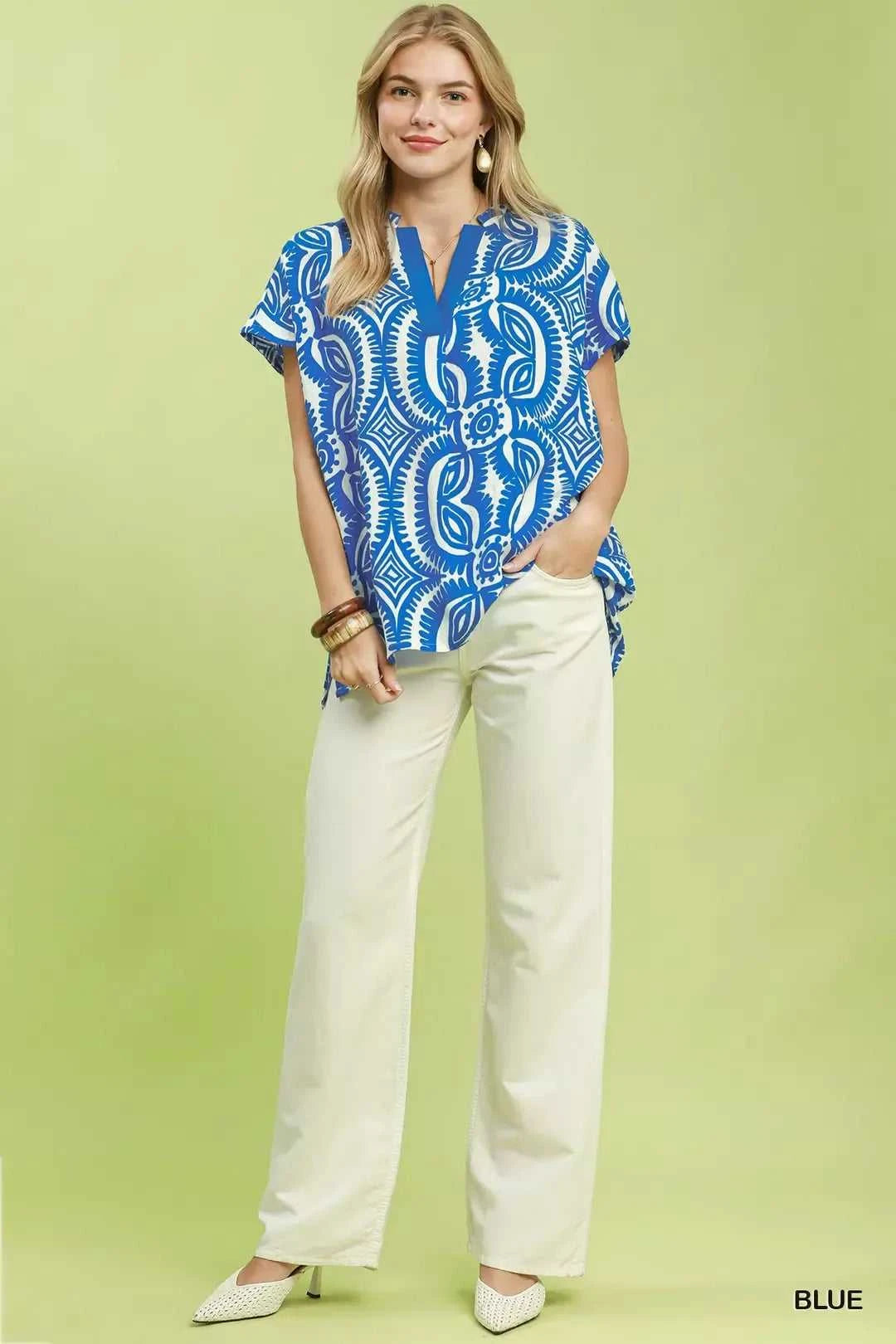 Umgee Geometric Print V-Neck Short Sleeve Top 100100936661469 45 Affordable Fashion Under $100 Jerry's Apparel 