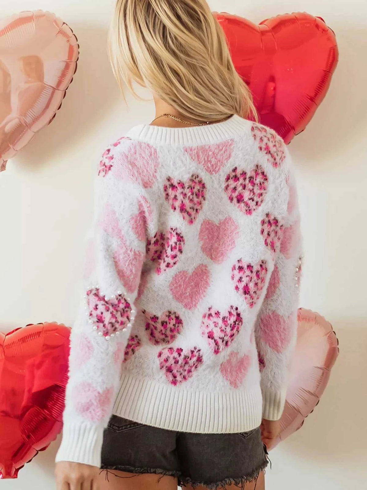 Heart Leopard Pearled Ribbed Trim Fuzzy Sweater 100100337623504 69 Affordable Fashion Under $100 Jerry's Apparel 