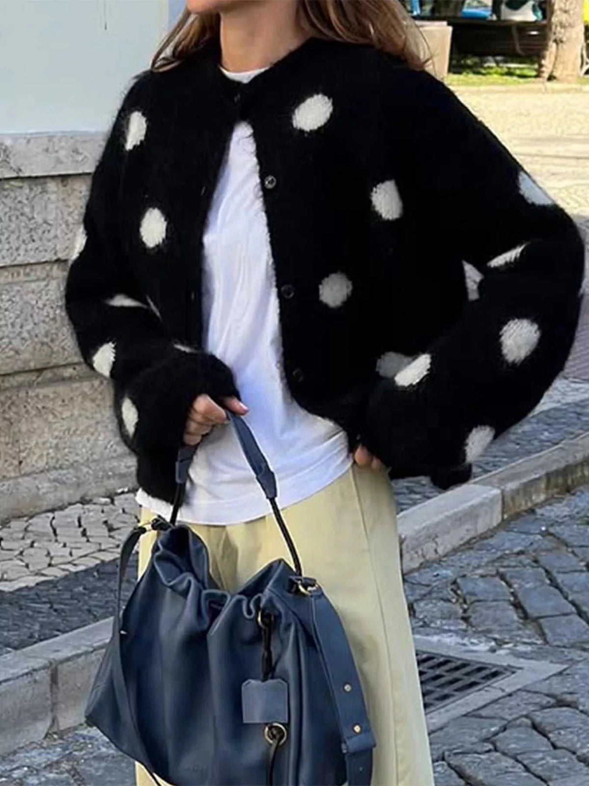 Polka Dot Fuzzy Knit Button-Up Cardigan 101002459532062 54 Affordable Fashion Under $100 Jerry's Apparel 