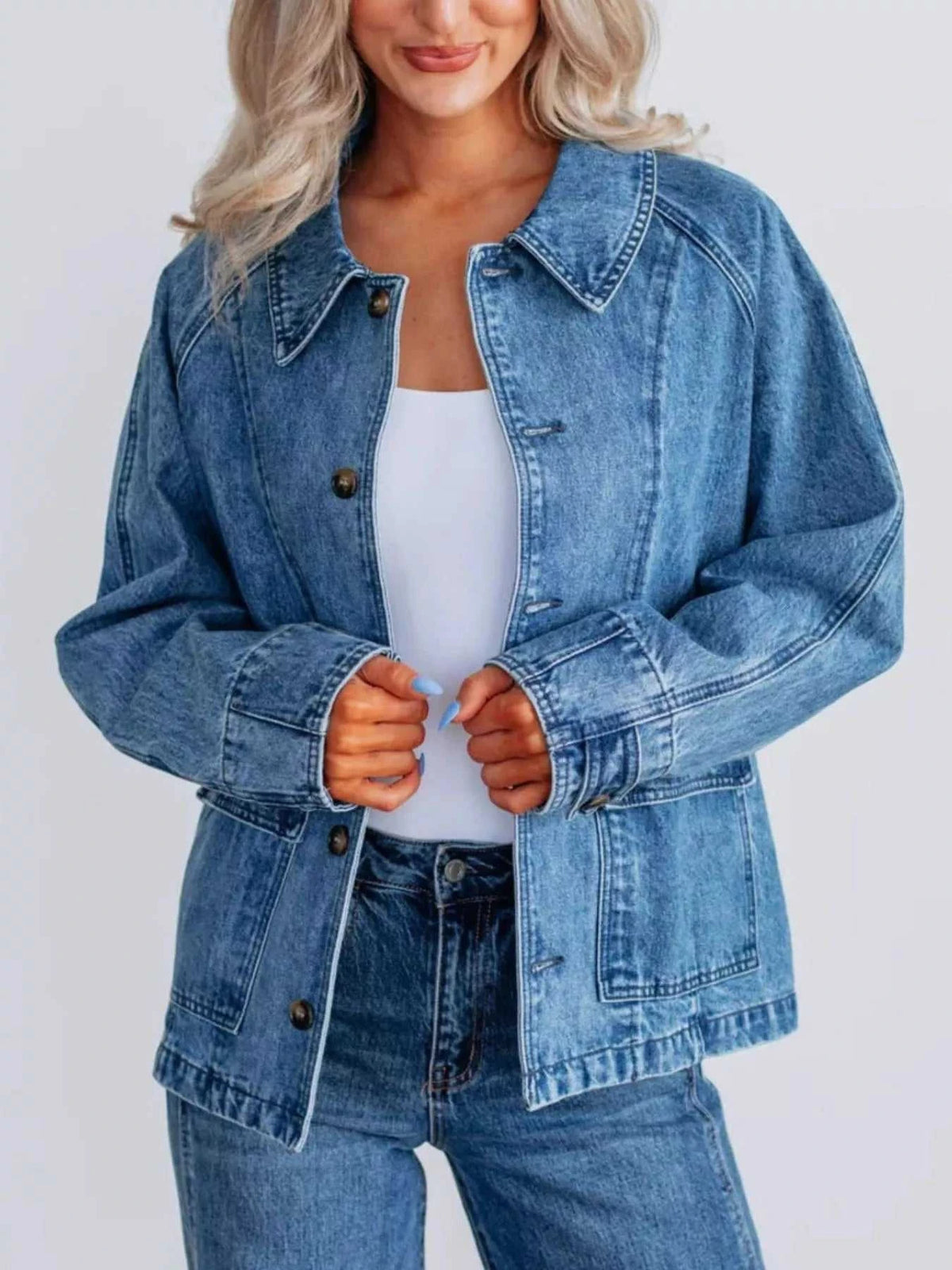 Button Up Raglan Sleeve Denim Jacket 100100287427335 64 Affordable Fashion Under $100 Jerry's Apparel 