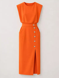Sleeveless Midi Dress with Gold Button Detail and Side Slit 101001590890082 42 Affordable Fashion Under $100 Jerry's Apparel 