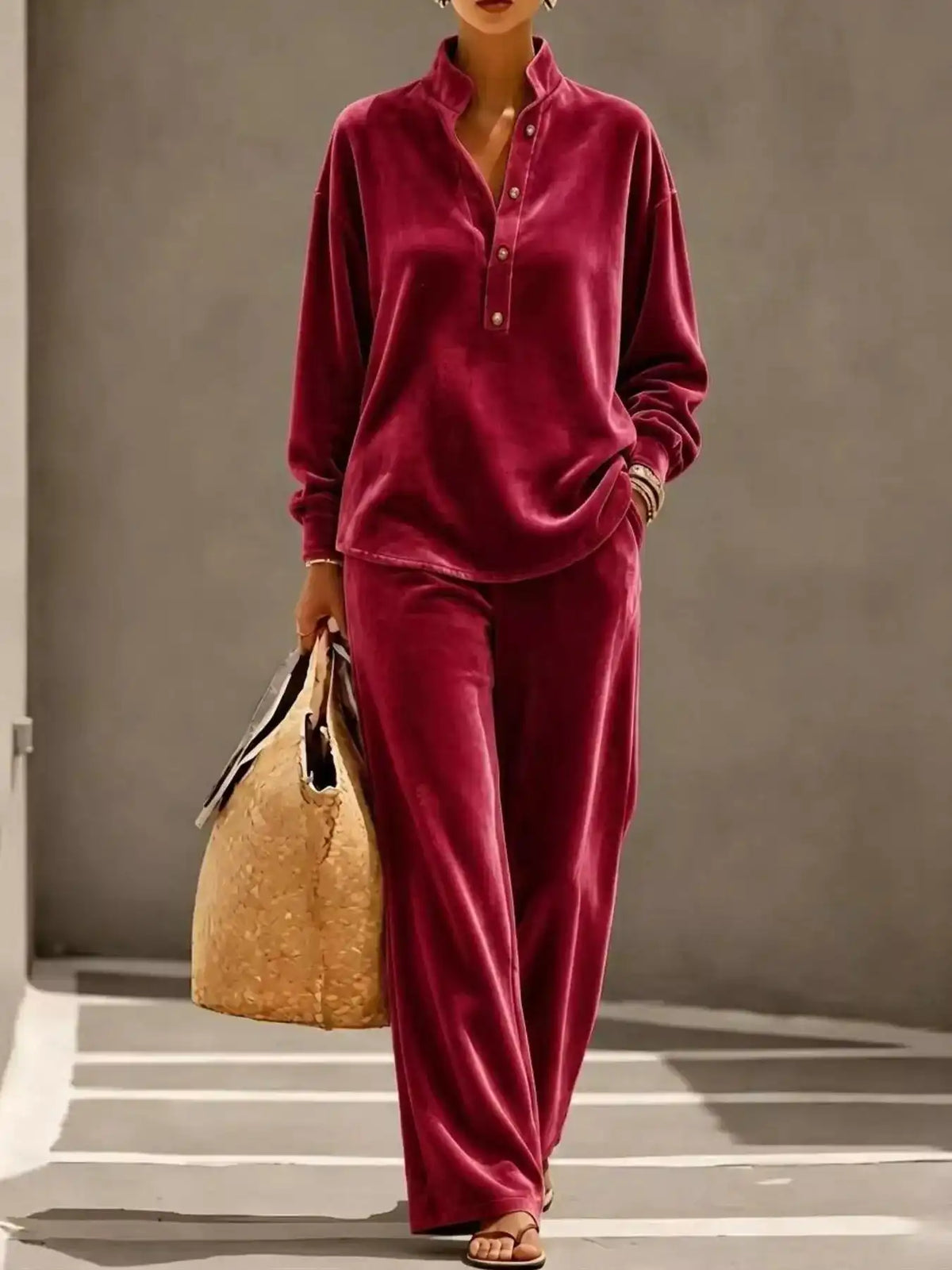 Full Size Half Button Top and Wide Leg Pants Set Plus Size 101001300812534 65 Affordable Fashion Under $100 Jerry's Apparel 