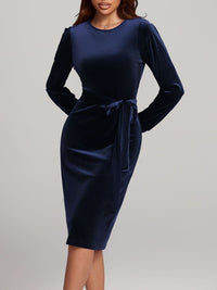 Round Neck Tie Waist Long Sleeve Velvet Dress